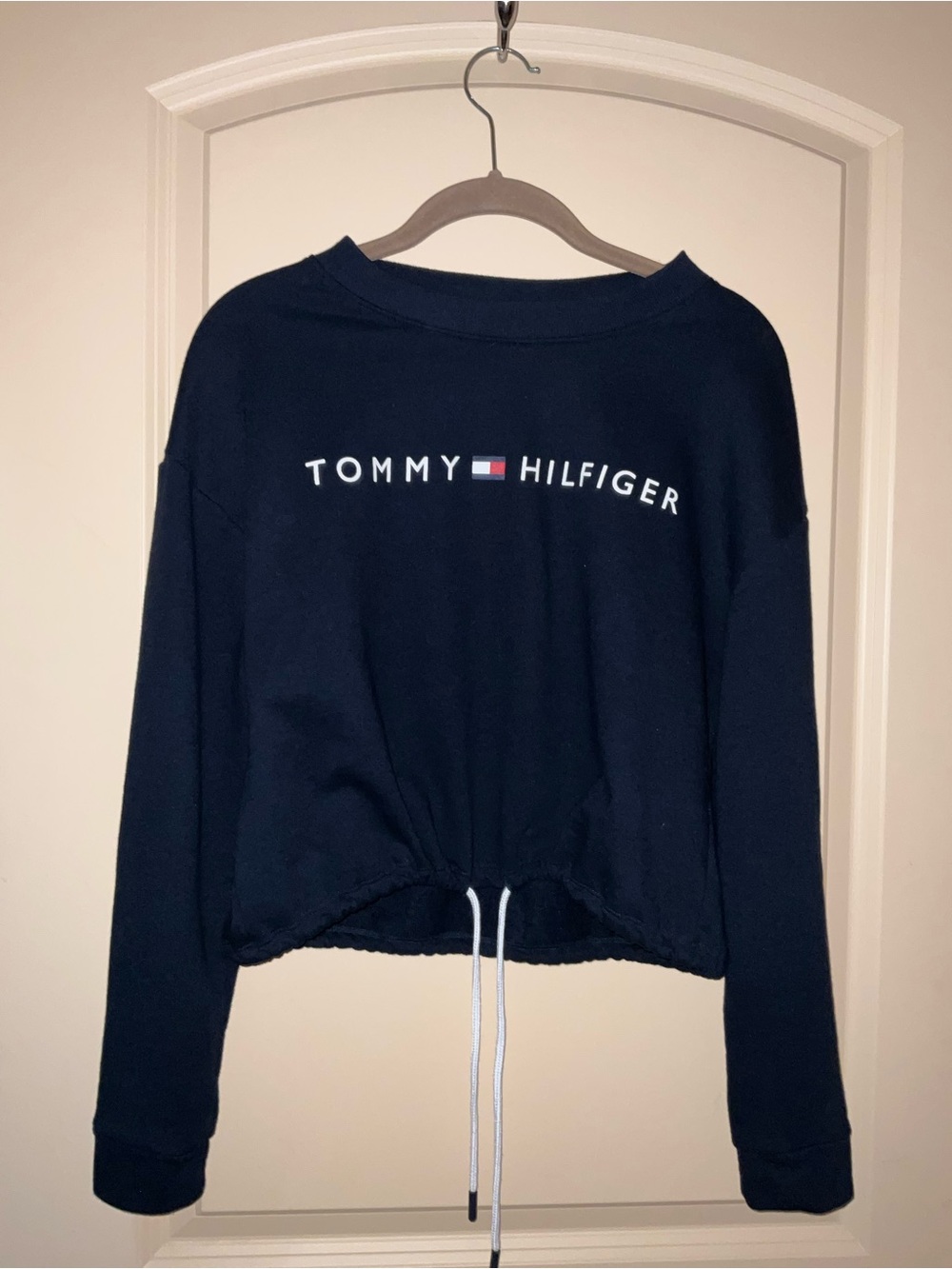 Tommy Hilfiger Navy Logo Drawstring Cropped Sweatshirt